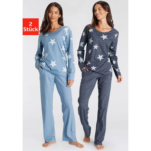 Pyjama VIVANCE DREAMS, Damen, Gr. 40/42, blau (hellblau, marine, sterne), Single Jersey, Obermaterial: 50% Baumwolle, 50% Polyester, casual, Basic lang, Rundhals, Langarm angesetztes Bündchen, Homewear-Sets, in melierter Optik mit Sternen