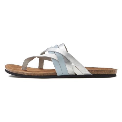 Zehentrenner LASCANA, Damen, Gr. 38, blau, Obermaterial: 100% Rindsleder. Decksohle: 100% Rindsleder. Laufsohle: 100% Synthetik, metallic, casual, Schuhe, Sandale, Pantolette aus Leder mit Korkfußbett