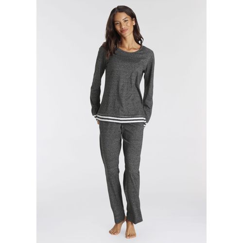 Pyjama VIVANCE DREAMS, Damen, Gr. 44/46, schwarz (schwarz geringelt), Single Jersey, Obermaterial: 50% Baumwolle, 50% Polyester, Basic lang, Rundhals, Langarm eingesetzt angesetztes Bündchen kontrastfarben, Homewear-Sets, mit gestreiften Bündchen