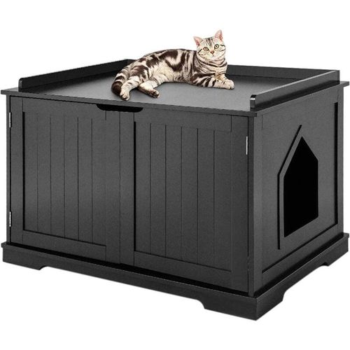 Maxxpet - Katzenhaus aus Holz 75x53x52 cm - Katzenbank - Katzenbett - Katzenstall für Zuhause - Schwarz - black
