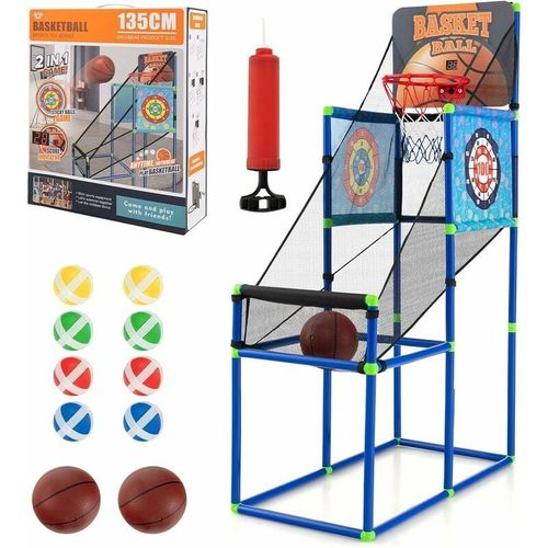 2 in 1 Basketballspiel Set, Arcade Basketball Spiel mit Punktezähler, 2 Basketbälle, 1 Pumpe, 2 Zielscheiben, 8 Klettbälle, Basketballautomat für