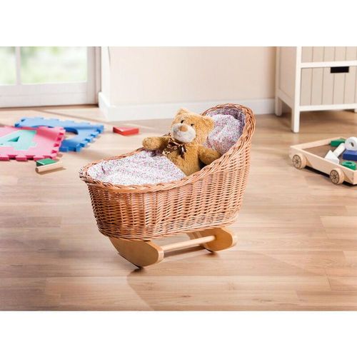Puppenwiege aus Weide & Holz mit Kissen + Decke Puppen Schaukel Bett Möbel Wiege