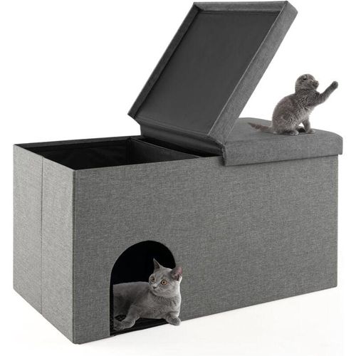 Katzenhöhle faltbar, 2 in 1 Katzenhaus Sitzbank, bis 200 kg, Katzenversteck für Katzentoilette Katzenklo, Indoor Katzenmöbel mit Deckel & Matte &