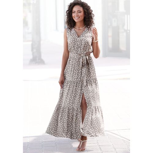 Maxikleid VIVANCE, Damen, Gr. 36, N-Gr, grau (taupe, creme bedruckt), Web, Obermaterial: 100% Viskose, bedruckt, modisch, figurumspielend bodenlang, V-Ausschnitt, ohne Ärmel, Kleider, und Alloverdruck, Sommerkleid mit Schlitz