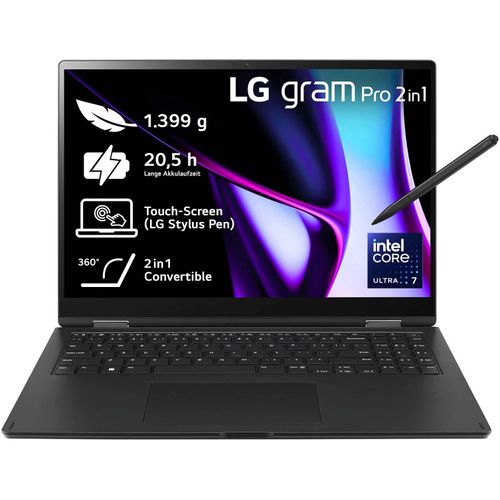 LG Convertible Notebook "Gram Pro 2in1 16" Laptop, OLED-Touchscreen, 16GB RAM, Windows 11 Home" Notebooks Gr. 16 GB RAM 1000 GB SSD, schwarz Convertible Notebooks
