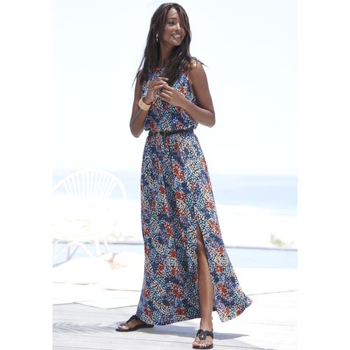 Maxikleid S.OLIVER, Damen, Gr. 40, N-Gr, bunt (blau, koralle bedruckt), Jersey, Obermaterial: 100% Viskose, bedruckt, modisch, figurumspielend bodenlang, Rundhals, ohne Ärmel, Kleider, mit Tupfenprint und Schlitz, weiches Jerseykleid, Sommerkleid