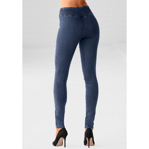 Jeggings BUFFALO, Damen, Gr. 42, N-Gr, blau (dunkelblau, jeans), Web, Obermaterial: 69% Baumwolle, 21% Polyester, 8% Viskose, 2% Elasthan, unifarben, Basic, figurbetont, Hosen, mit breitem Bund