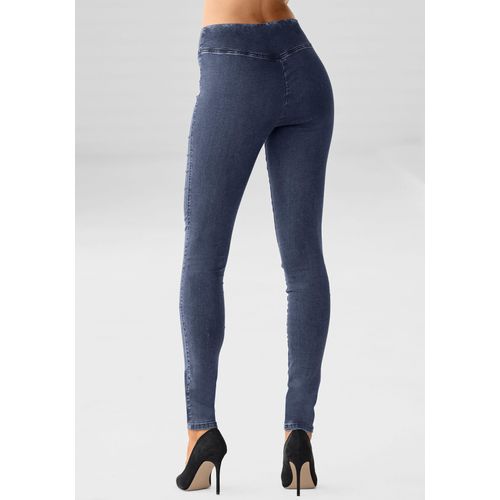 Jeggings BUFFALO, Damen, Gr. 44, N-Gr, blau (dunkelblau, jeans), Web, Obermaterial: 69% Baumwolle, 21% Polyester, 8% Viskose, 2% Elasthan, unifarben, Basic, figurbetont, Hosen, mit breitem Bund