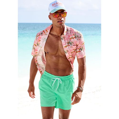 Badeshorts VENICE BEACH, Herren, Gr. L (52), N-Gr, grün (mint), Polyester, Recycling-Polyester, Microfaser, unifarben, kontrastfarbene Details, Badehosen, mit Marken-Logo