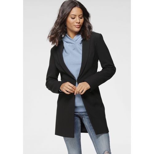 Longblazer LAURA SCOTT, Damen, Gr. 38, schwarz (schwarz (aus nachhaltigem material)), Web, Obermaterial: 63% Polyester, 33% Viskose, 4% Elasthan. Futter: 100% Polyester, feminin, figurbetont lang, Langarm 2-Naht-Ärmel blind abgesteppte Kante, Blazer, mit tiefen Reverskragen