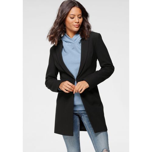 Longblazer LAURA SCOTT, Damen, Gr. 32 (XS), schwarz (schwarz (aus nachhaltigem material)), Web, Obermaterial: 63% Polyester, 33% Viskose, 4% Elasthan. Futter: 100% Polyester, feminin, figurbetont lang, Langarm 2-Naht-Ärmel blind abgesteppte Kante, Blazer, mit tiefen Reverskragen