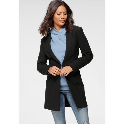 Longblazer LAURA SCOTT, Damen, Gr. 36 (S), schwarz (schwarz (aus nachhaltigem material)), Web, Obermaterial: 63% Polyester, 33% Viskose, 4% Elasthan. Futter: 100% Polyester, feminin, figurbetont lang, Langarm 2-Naht-Ärmel blind abgesteppte Kante, Blazer, mit tiefen Reverskragen
