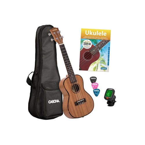 Cascha Ukulele Premium Mahagoni, Bundle, komplett mit Tasche, Buch und Plektren, braun