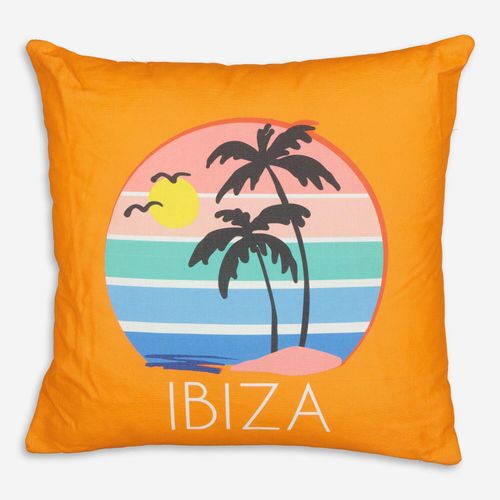 Oranges Kissen mit Ibiza-Aufschrift und Strandmotiv 45x45cm