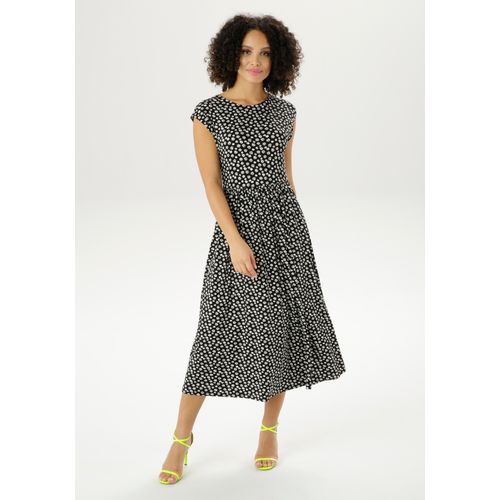 Sommerkleid ANISTON CASUAL, Damen, Gr. 40, N-Gr, gelb (schwarz, weiß, gelb), Single Jersey, Obermaterial: 95% Viskose, 5% Elasthan, geblümt, bedruckt, figurumspielend wadenlang, Rundhals, ohne Ärmel, Kleider, mit verspielten Blüten bedruckt