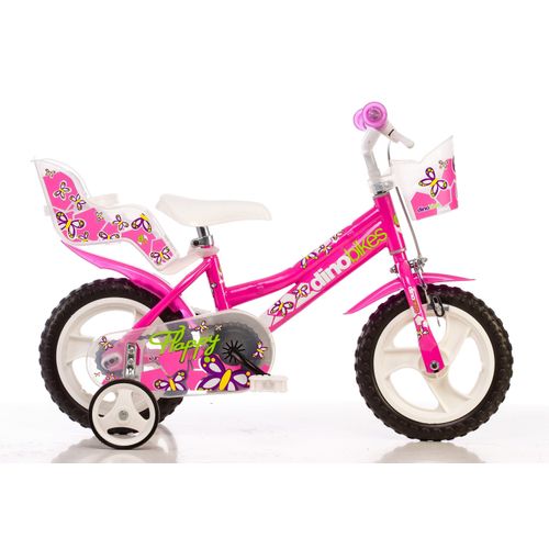 Kinderfahrrad DINO "Mädchenfahrrad 12 Zoll" Fahrräder Gr. 22 cm, 12 Zoll (30,48 cm), pink Kinder Kinderfahrräder mit Stützrädern, Korb und Puppensitz
