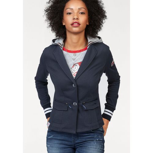 Sweatblazer KANGAROOS, Damen, Gr. 32, blau (marine, hellgrau, meliert), Sweatware, Obermaterial: 65% Polyester, 35% Baumwolle. Einsatz: 63% Polyester, 33% Baumwolle, 4% Elasthan. Kapuze: 50% Baumwolle, 50% Polyester, unifarben, kontrastfarbene Details, casual, figurbetont hüftlang, Langarm Rippstrickbündchen, Blazer, mit vielen Details und abnehmbarer Kapuze