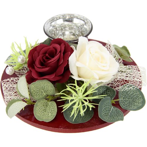 I.GE.A. Teelichthalter »Mit Glaseinsatz und Teelichtkerze, künstlichen Rosen Eukalyptus«, (1 St.), Kerzenständer Kerzenhalter Tischdeko Kerzen Muttertag Valentinstag