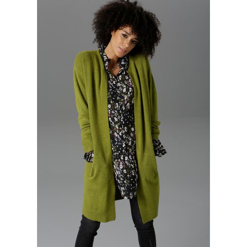 Strickjacke ANISTON CASUAL, Damen, Gr. 48, grün (moosgrün), Feinstrick, Obermaterial: 74% Polyacryl, 23% Polyamid, 3% Elasthan, unifarben, figurumspielend kniefrei, Rundhals, Rippstrickbündchen, Strickjacken Strickjacke, im Oversize Look, Topseller