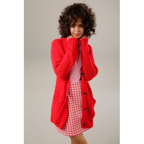 Strickjacke ANISTON CASUAL, Damen, Gr. 44, rot, Grobstrick, Obermaterial: 100% Polyacryl, unifarben, modisch, sehr weit Po-bedeckend, V-Ausschnitt, Langarm Rippstrickbündchen, Strickjacken, mit kunstvollem Strickmuster