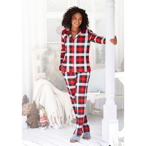 Schlafanzug LASCANA Gr. 44/46, weiß (schwarz, rot, weiß) Damen Homewear-Sets mit Karodruck