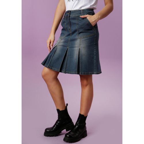 Jeansrock ANISTON CASUAL, Damen, Gr. 46, blau (blau, used), Web, Denim/Jeans, Obermaterial: 79% Baumwolle, 19% Polyester, 2% Elasthan, used, Basic, figurbetont knieumspielend, Röcke, mit eingelegten Falten