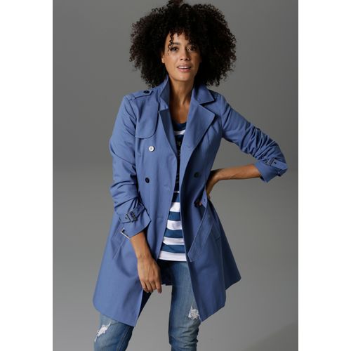 Trenchcoat ANISTON CASUAL, Damen, Gr. 42, blau (rauchblau), Web, Satin, Obermaterial: 100% Baumwolle. Futter: 100% Polyester, unifarben, casual, figurumspielend ca. Mitte Oberschenkel, Langarm verstellbar, Mäntel, mit Gürtel zum Regulieren, Topseller