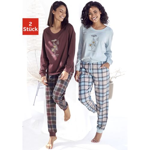 Pyjama VIVANCE DREAMS, Damen, Gr. 32/34, bunt (bordeaux, kariert, kariert, hellblau), Single Jersey, Obermaterial: 100% Baumwolle. Unterteil: 100% Baumwolle, Basic, Basic lang, Rundhals, Langarm Rippbündchen, Homewear-Sets, mit Frontdruck