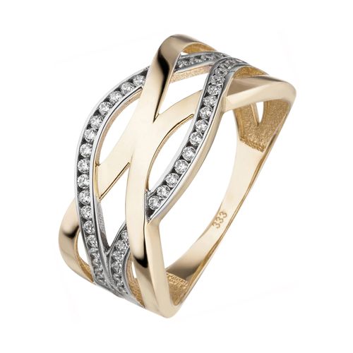 Fingerring JOBO Gr. 50, gold (gelbgold 333, weiß), Fingerringe, Damen, 50, Gelbgold 333, 333 Gold bicolor mit 46 Zirkonia