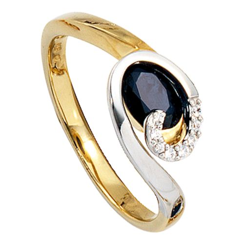 Diamantring JOBO Gr. 58, gelb (gelbgold 585), Fingerringe, Damen, 58, P1 = bei 10-facher Vergrößerung erkennbare Einschlüsse, Gelbgold 585-Weißgold 585-Diamanten, Gelbgold 585, Weißgold 585, Diamanten, 585 Gelbgold Weißgold mit Safir und 8 Diamanten