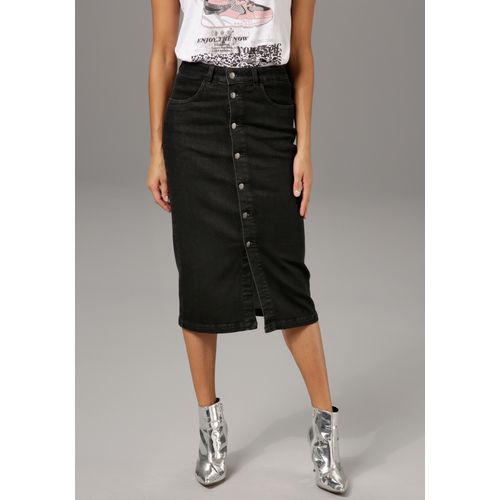 Jeansrock ANISTON CASUAL, Damen, Gr. 36, schwarz, Denim/Jeans, Obermaterial: 98% Baumwolle, 2% Elasthan, unifarben, leichte Abriebeffekte, modisch, sehr figurbetont wadenlang, Röcke, mit Knopfverschluss