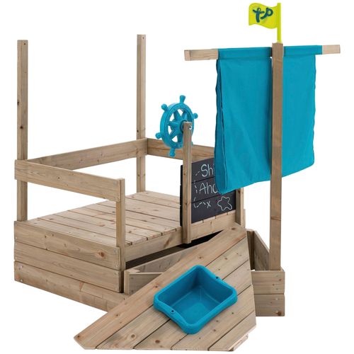 Sandkasten TP TOYS "AHOY Piratenschiff" Sandkästen Gr. B/H/L: 92cm x 118cm x 180cm, blau (blau, natur) Kinder mit ausziehbarem Sandkasten und viel Zubehör