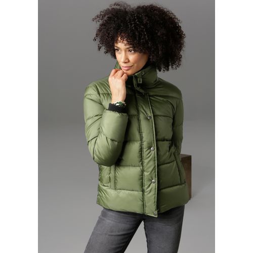 Steppjacke ANISTON CASUAL, Damen, Gr. 48, grün (moosgrün), Web, Steppware, Obermaterial: 55% Polyester, 45% Polyamid. Futter: 100% Polyester. Wattierung: 100% Polyester, unifarben, leicht glänzend, modisch, figurumspielend hüftlang, Langarm Windstopperbündchen, Jacken, im trendigen Two-tone-Dessin