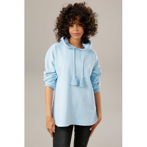 Sweatshirt ANISTON CASUAL Gr. 42, blau (hellblau) Damen Sweatshirts Kapuze mit dekorativen Kordeln regulierbar