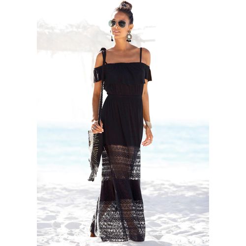 Maxikleid LASCANA, Damen, Gr. 34, N-Gr, schwarz, Jersey, Obermaterial: 95% Viskose, 5% Elasthan. Spitze: 70% Baumwolle, 30% Polyamid, modisch, figurumspielend bodenlang, Carmenausschnitt, Kurzarm, Kleider, mit Spitzeneinsätzen im Rockteil, schulterfreies Sommerkleid