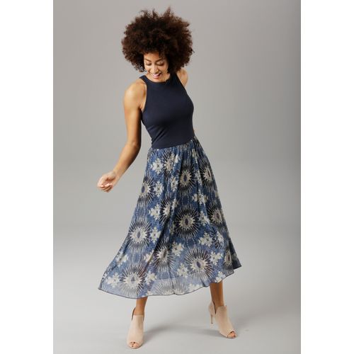 Sommerkleid ANISTON SELECTED, Damen, Gr. 36, N-Gr, blau (dunkelblau, braun, blau, beige), Jersey, Web, Georgette, Obermaterial: 95% Viskose, 5% Elasthan. Futter: 95% Viskose, 5% Elasthan. Rock: 100% Polyester, Batikmuster, bedruckt, modisch, figurbetont Midi, Rundhals, Kleider, mit Batik-Druck