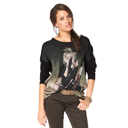 Langarmshirt ANISTON CASUAL, Damen, Gr. 48, grün (schwarz, grasgrün, beige), Web, Satin, Jersey, Obermaterial: 100% Polyester. Rückseite: 95% Viskose, 5% Elasthan. Ärmel: 95% Viskose, 5% Elasthan, bedruckt, feminin, oversize Po-bedeckend, Rundhals, Langarm normaler Saum, Shirts, mit femininem Frontdruck, Topseller