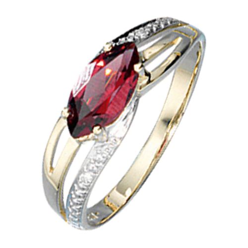 Diamantring JOBO Gr. 60, gelb (gelbgold 585), Fingerringe, Damen, 60, P1 = bei 10-facher Vergrößerung erkennbare Einschlüsse, Gelbgold 585-Diamanten, Gelbgold 585, Diamanten, 585 Gold bicolor mit Granat und 2 Diamanten