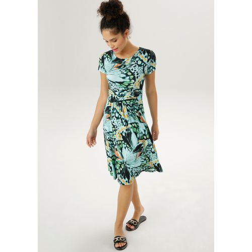 Sommerkleid ANISTON SELECTED, Damen, Gr. 44, N-Gr, bunt (gletscher, schwarz, grün, orange), Single Jersey, Obermaterial: 95% Viskose, 5% Elasthan, gemustert, bedruckt, modisch, figurbetont knieumspielend, Rundhals, Kurzarm, Kleider, mit extravagantem Druck, Topseller