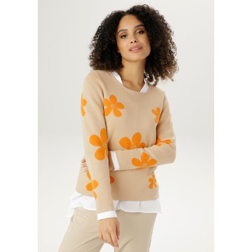 Rundhalspullover ANISTON SELECTED Gr. 46, orange (beige, orange, goldfarben), Damen, Feinstrick, Obermaterial: 90% Baumwolle, 10% metallisierte Fasern, geblümt, leicht glänzend, Pullover, mit goldfarbenen Details im Blumenmuster, Topseller