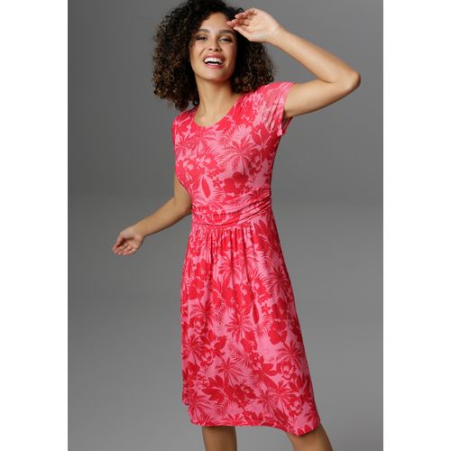 Sommerkleid ANISTON SELECTED, Damen, Gr. 36, N-Gr, pink (pink, rot), Single Jersey, Obermaterial: 95% Viskose, 5% Elasthan, bedruckt, geblümt, modisch, figurbetont knieumspielend, Rundhals, Kurzarm, Kleider Strandkleid, mit Palmen und Blüten in Knallfarbe, Topseller