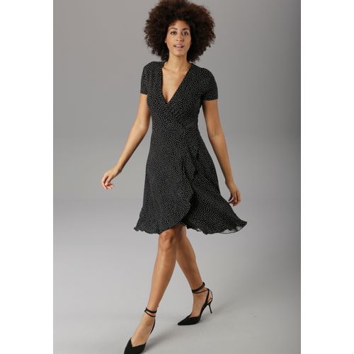 Sommerkleid ANISTON SELECTED, Damen, Gr. 38, N-Gr, schwarz-weiß (schwarz, weiß, gepunktet), Jersey, Obermaterial: 95% Viskose, 5% Elasthan, gepunktet, figurumspielend knieumspielend, V-Ausschnitt, Kleider Sommerkleid, mit Volant