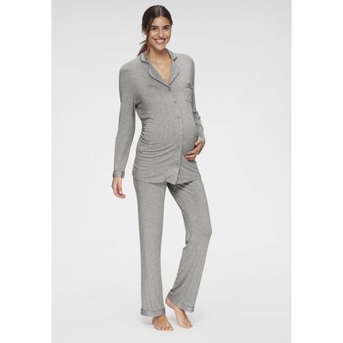 Umstandspyjama LASCANA, Damen, Gr. 44/46, grau, Single Jersey, Obermaterial: 95% Viskose, 5% Elasthan, meliert, klassisch, sehr bequem lang, V-Ausschnitt, Langarm eingesetzt Manschette, Homewear-Sets, mit Knopfleiste und Raffung an der Seitennaht