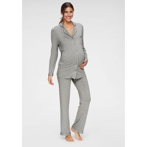 Umstandspyjama LASCANA, Damen, Gr. 40/42, grau, Single Jersey, Obermaterial: 95% Viskose, 5% Elasthan, meliert, klassisch, sehr bequem lang, V-Ausschnitt, Langarm eingesetzt Manschette, Homewear-Sets, mit Knopfleiste und Raffung an der Seitennaht
