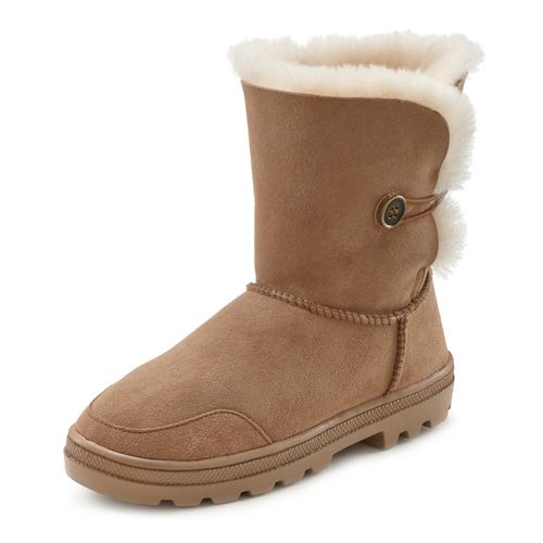 Winterstiefel LASCANA, Damen, Gr. 39, braun (camelfarben), Obermaterial: 100% Rindsleder. Futter: 100% Lammfell. Decksohle: 100% Lammfell. Laufsohle: 100% Synthetik, unifarben, casual, Schuhe, aus kuscheligem Lammfell, robuste Sohle, Winterstiefelette, Snowboots