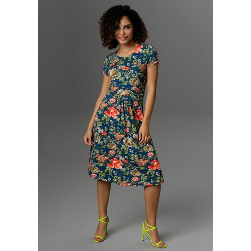 Sommerkleid ANISTON CASUAL, Damen, Gr. 48, N-Gr, bunt (petrol, grün, koralle, khaki, weiß, rosa), Jersey, Obermaterial: 95% Viskose, 5% Elasthan, geblümt, bedruckt, modisch, figurbetont kniebedeckend, Rundhals, Kurzarm, Kleider, mit farbenfrohem Blumendruck