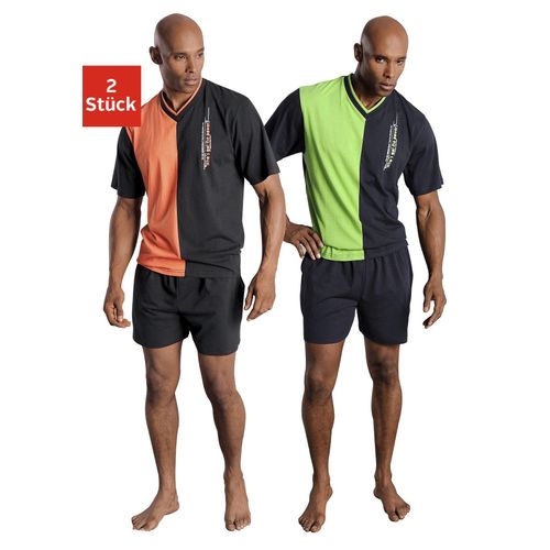 Shorty LE JOGGER, Herren, Gr. 44/46 (S), bunt (grün, orange), Obermaterial: 100% Baumwolle, kurz, Kurzarm, Homewear-Sets, mit 2-farbigem T-Shirt