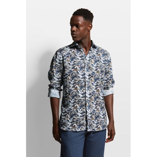 Langarmhemd BUGATTI Gr. XXL, Normalgrößen, blau (dunkelblau), Herren, 100% Leinen, Hemden, mit Blumen-Print