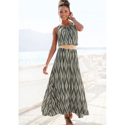 Maxikleid LASCANA, Damen, Gr. 40, N-Gr, schwarz (schwarz, sand bedruckt), Web, Obermaterial: 100% Viskose, bedruckt, modisch, figurumspielend lang, amerikanischer Ausschnitt, ohne Ärmel, Kleider, aus gewebter Viskose im Alloverprint, luftiges Sommerkleid