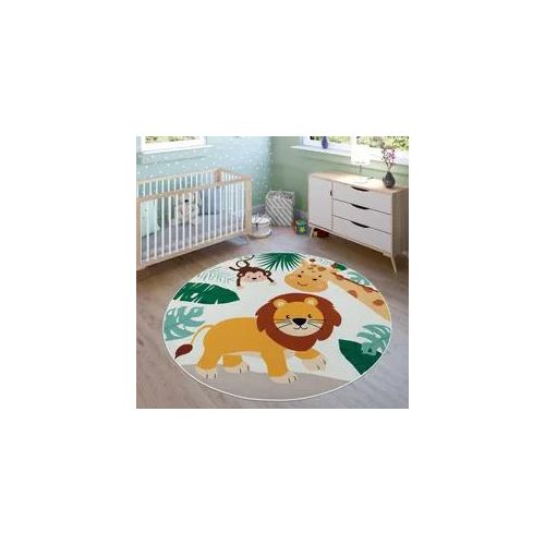 Kinderteppich PACO HOME "Bino 582" Teppiche Gr. Ø 200cm, 4mm, beige Kinder Spielteppich, Motiv Tiere, Löwe & Giraffe, Kinderzimmer